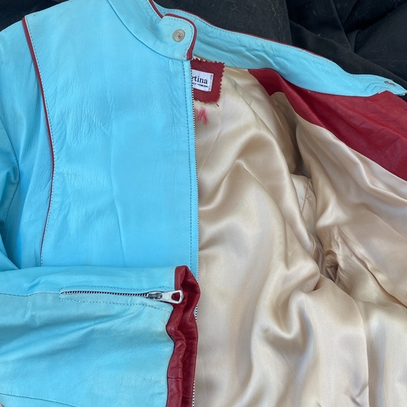 Soft Italian leather amazing turquoise blue biker jacket with oxblood trim. - Picture 7 of 9